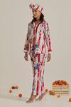 Chrkha_Red Cotton, Linen Collared Striped Printed Top And Pant Set _Online_at_Aza_Fashions