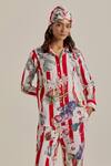 Chrkha_Red Cotton, Linen Collared Striped Printed Top And Pant Set _at_Aza_Fashions