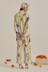 Shop_Chrkha_Yellow Cotton, Linen Collared Floral Striped Co-ord Set _at_Aza_Fashions