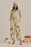 Buy_Chrkha_Yellow Cotton, Linen Collared Floral Striped Co-ord Set _at_Aza_Fashions