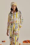 Chrkha_Yellow Cotton, Linen Collared Floral Striped Co-ord Set _at_Aza_Fashions