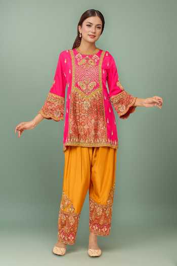 Buy_Debyani + CO_Pink Sequins, Gota Patti, Zari, Embroidery Round Kurta Set With Contrast Salwar _at_Aza_Fashions