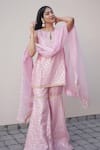 Monk & Mei By Sonia Anand_Pink Brocade Pearls Round Neck Vani Flower Pattern Kurta Sharara Set _Online