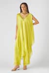 Buy_Basanti - Kapde Aur Koffee_Yellow Modal, Satin Sequins V-neck Embellished Kaftan And Pants Set_Online_at_Aza_Fashions