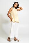 Pants And Pajamas_Yellow Cotton Round Neck And White Hand Woven Set _Online_at_Aza_Fashions