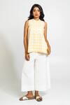 Buy_Pants And Pajamas_Yellow Cotton Round Neck And White Hand Woven Set _at_Aza_Fashions