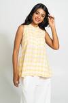 Shop_Pants And Pajamas_Yellow Cotton Round Neck And White Hand Woven Set _Online_at_Aza_Fashions