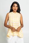 Pants And Pajamas_Yellow Cotton Round Neck And White Hand Woven Set _at_Aza_Fashions