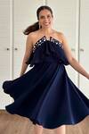 Buy_Maenaam_Navy Polyester Studs Off-shoulder Fit-n-flare Tube Dress With Ruffle_at_Aza_Fashions