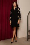 Buy_Maenaam_Black Crepe Studs V-neck Chloe Cut Out Studded Shift Dress _at_Aza_Fashions
