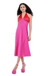 Maenaam_Pink Satin Fabric Flowers Halter Neck Color-block Midi Dress_Online_at_Aza_Fashions