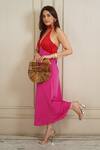 Buy_Maenaam_Pink Satin Fabric Flowers Halter Neck Color-block Midi Dress_at_Aza_Fashions