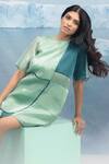 Buy_Maenaam_Green Organza Round Neck Color Block Oversized Shift Dress_at_Aza_Fashions