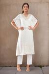 Buy_Samyukta Singhania_Cream Silk, Georgette Embroidery V-neck Chikankari Kurta And Trouser Set _at_Aza_Fashions