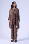 Buy_Klad_Brown Crepe Round Neck Botanic Print Oversized Shirt And Pants Set_at_Aza_Fashions