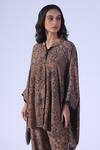 Shop_Klad_Brown Crepe Round Neck Botanic Print Oversized Shirt And Pants Set_Online_at_Aza_Fashions