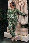 Buy_Klad_Green Mohair, Crepe Round Neck Beetle Print Jogger Set_at_Aza_Fashions