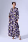 Klad_Navy Crepe Collared Printed Long Dress_Online_at_Aza_Fashions