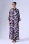 Buy_Klad_Navy Crepe Collared Printed Long Dress_Online_at_Aza_Fashions