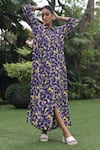 Buy_Klad_Navy Crepe Collared Printed Long Dress_at_Aza_Fashions