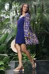 Klad_Navy Crepe Open Neck Printed Jacket And Shorts Set_at_Aza_Fashions