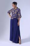 Buy_Klad_Navy Crepe Round Neck Asymmetrical Printed Top And Draped Skirt Set_at_Aza_Fashions