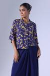 Shop_Klad_Navy Crepe Round Neck Asymmetrical Printed Top And Draped Skirt Set_Online_at_Aza_Fashions