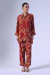 Buy_Klad_Red Crepe Collared Beetle Print Coordinated Set_at_Aza_Fashions