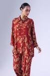 Klad_Red Crepe Collared Beetle Print Coordinated Set_Online_at_Aza_Fashions