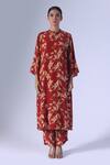 Buy_Klad_Red Crepe Mandarin Collar Printed High Low Kurta And Pant_at_Aza_Fashions
