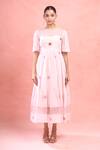 Shop_The Loom Art_Pink Cotton Embroidery Round Neck Flutter Sleeve A-line Dress _Online_at_Aza_Fashions