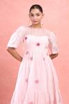 The Loom Art_Pink Cotton Embroidery Round Neck Flutter Sleeve A-line Dress _at_Aza_Fashions