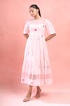 Buy_The Loom Art_Pink Cotton Embroidery Round Neck Flutter Sleeve A-line Dress _at_Aza_Fashions