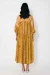 Shop_Koai_Mustard Cotton, Silk Round Neck Midi Dress With And Peach Pattern _at_Aza_Fashions