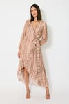 Buy_Koai_Peach Cotton V-neck Pattern Wrap Midi Dress _at_Aza_Fashions