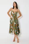 Buy_Koai_Green Muslin, Cotton, Silk Square Neck Patterned Midi Dress _at_Aza_Fashions