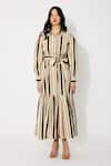 Koai_Cream Cotton Collared And Dark Green Stripe Maxi Shirt Dress _Online_at_Aza_Fashions
