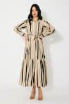 Buy_Koai_Cream Cotton Collared And Dark Green Stripe Maxi Shirt Dress _at_Aza_Fashions