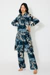 Shop_Koai_Blue Muslin, Cotton, Silk Collared Toile Print Long Shirt Set _Online_at_Aza_Fashions