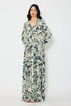 KoAi_Off White Indigo Printed Muslin Cotton Silk Maxi Dress _Online_at_Aza_Fashions