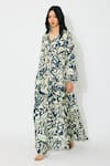 Buy_KoAi_Off White Indigo Printed Muslin Cotton Silk Maxi Dress 