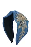 Nazaakat By Samara Singh_Blue Beads, Sequins Denim Flower Design Hand Embroidered Hairband _Online_at_Aza_Fashions