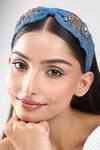 Nazaakat By Samara Singh_Blue Beads, Sequins Denim Flower Design Hand Embroidered Hairband _at_Aza_Fashions