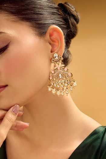 Nazaakat By Samara Singh_Pink Crystals, Pearls Light Drop Earrings _Online_at_Aza_Fashions