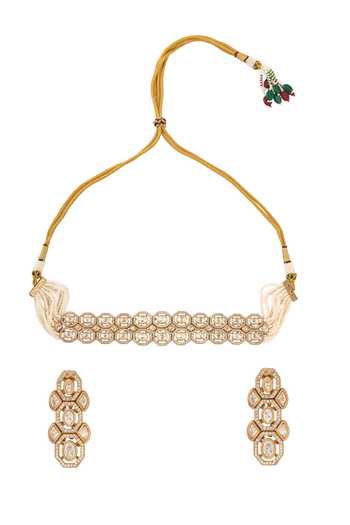 Shop_Nazaakat By Samara Singh_Gold Plated And White Necklace Earring Set _at_Aza_Fashions