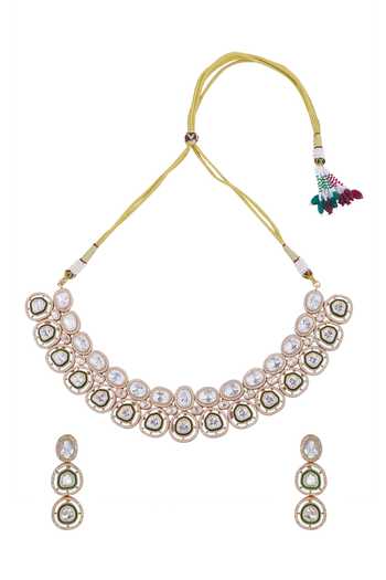 Shop_Nazaakat By Samara Singh_Green Imitation Diamonds And Gold Brass Jewelry Set_at_Aza_Fashions