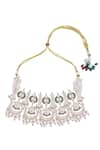 Shop Nazaakat By Samara Singh Green Stones, Pearls Brass And White Jewellery Set Shop_Nazaakat By Samara Singh_Green Stones, Pearls Brass And White Jewellery Set