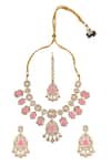 Shop_Nazaakat By Samara Singh_Pink Stones, Pearls Brass Necklace Earring Maangtika Set _at_Aza_Fashions