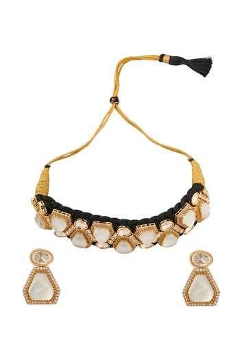 Shop_Nazaakat By Samara Singh_Black Stones And White Brass Jewellery Set _at_Aza_Fashions