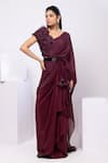 Smriti By Anju Agarwal_Maroon Crepe, Silk, Chiffon Embroidery Wine 3d Floral Blouse And Drape Saree Set _Online_at_Aza_Fashions